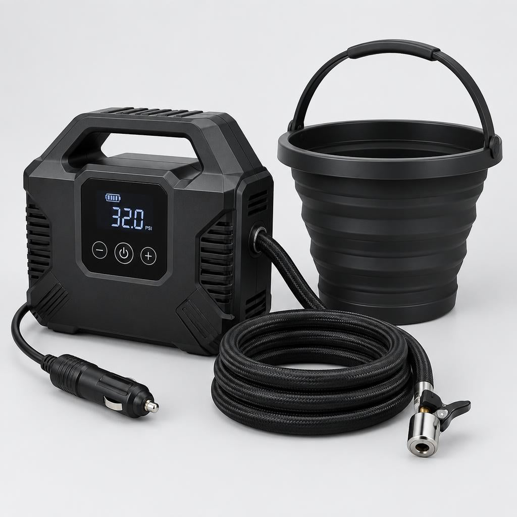 Kit de neumáticos para carretera | Bomba de aire digital de 12V + Cubo plegable